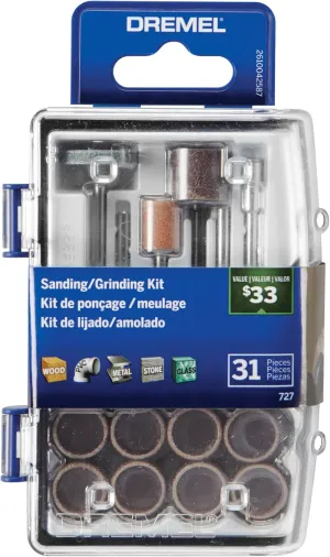 Dremel 727-01 Sanding & Grinding Rotary Tool Accessory Kit with Case, 31-Piece – Includes Grinding Stones, Sanding Bands, Cut-Off Wheel and Mandrel