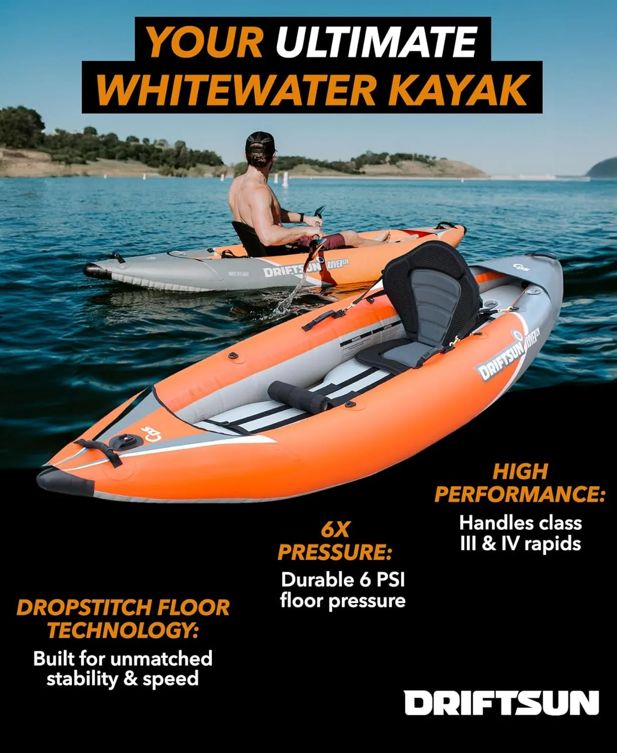 Driftsun Rover Inflatable Kayak - Inflatable White Water Kayak - Inflatable 1 and 2 Person Kayaks for Adults with High Pressure Floor, Padded Seats, Action Cam Mount, Aluminum Paddles, and Pump