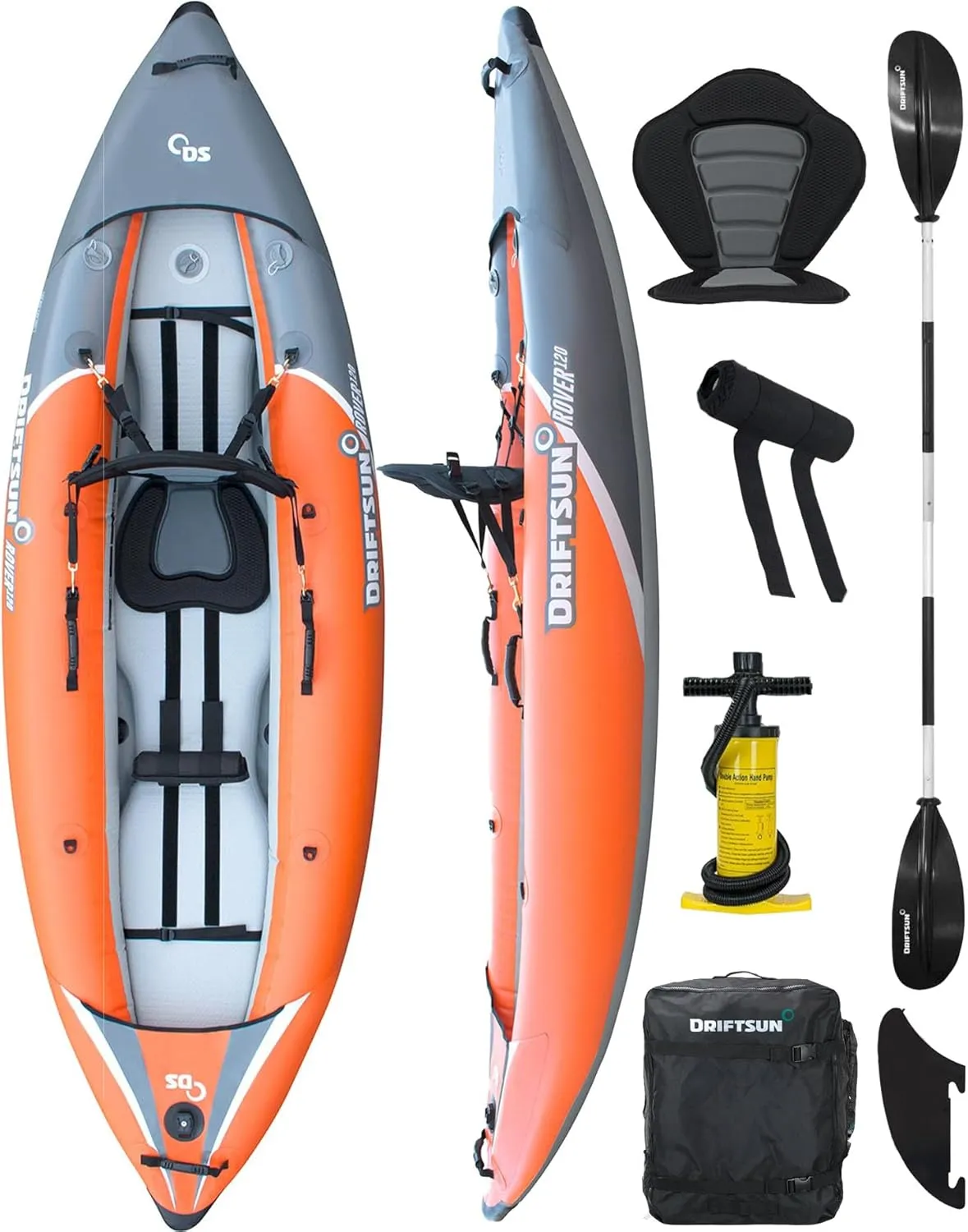 Driftsun Rover Inflatable Kayak - Inflatable White Water Kayak - Inflatable 1 and 2 Person Kayaks for Adults with High Pressure Floor, Padded Seats, Action Cam Mount, Aluminum Paddles, and Pump
