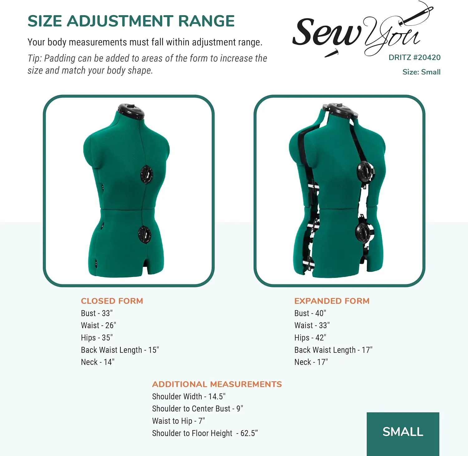 Dritz Sew You Adjustable Dress Form, Small