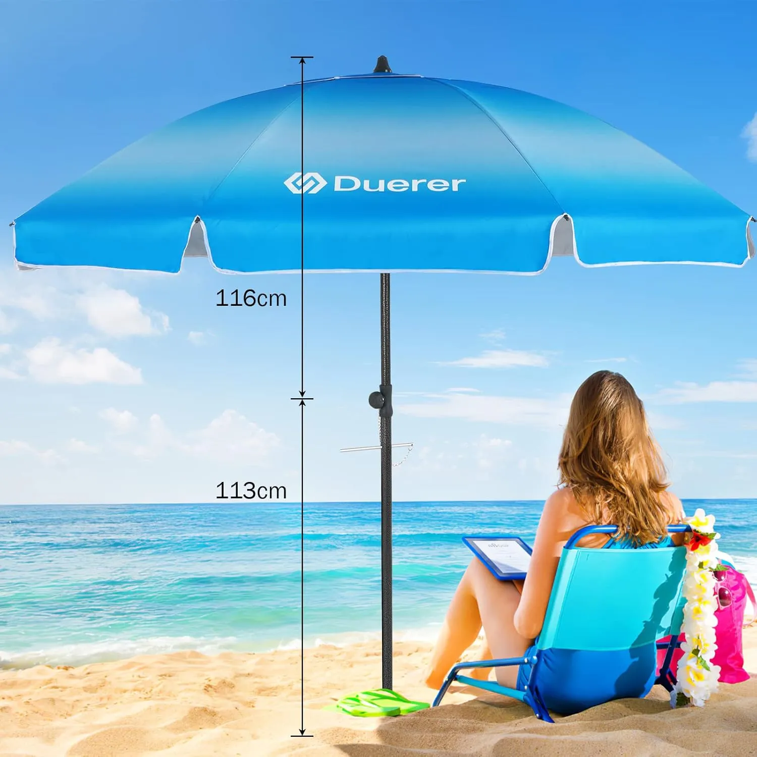 Duerer Beach Umbrellas, 7.5FT Beach Umbrella for Sand with Anchor Heavy Duty Windproof, Height Adjustable Tilt Iron Pole, Portable Beach Umbrella with Carrying Bag for Beach, Patio Garden Outdoor
