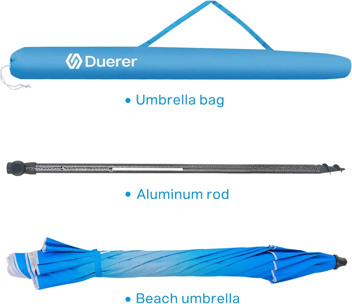 Duerer Beach Umbrellas, 7.5FT Beach Umbrella for Sand with Anchor Heavy Duty Windproof, Height Adjustable Tilt Iron Pole, Portable Beach Umbrella with Carrying Bag for Beach, Patio Garden Outdoor