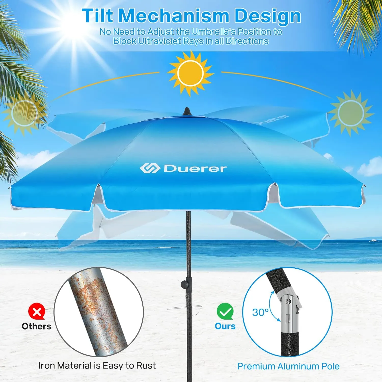 Duerer Beach Umbrellas, 7.5FT Beach Umbrella for Sand with Anchor Heavy Duty Windproof, Height Adjustable Tilt Iron Pole, Portable Beach Umbrella with Carrying Bag for Beach, Patio Garden Outdoor