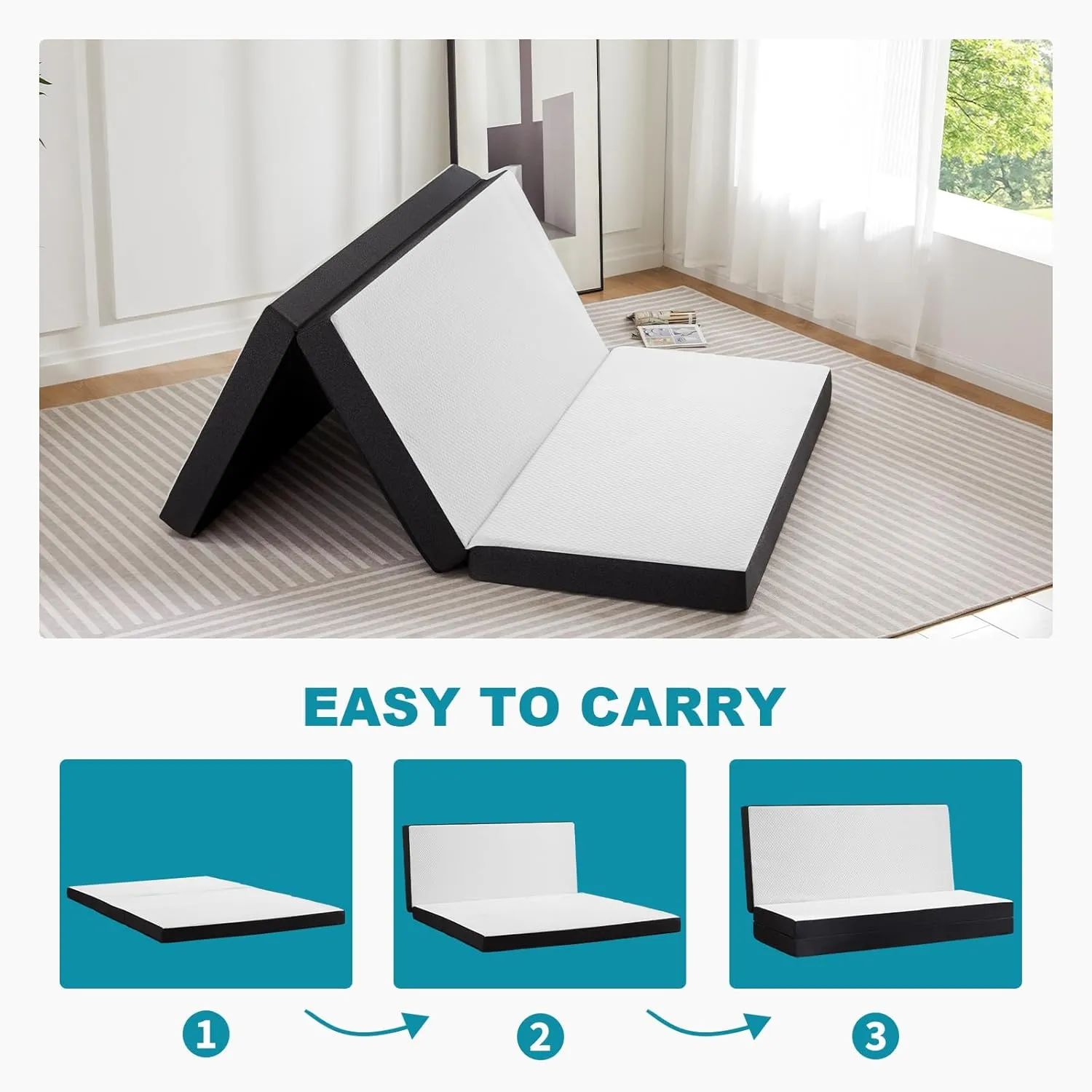 DUMOS Tri-Fold Camping Sleeping Pad, 3 inch Thick Portable Foam Mat for Outdoor Adventures, Hiking, Backpacking, and Tent Use– Lightweight, Waterproof, and Compact Foldable Mattress, 75"×38"×3", White