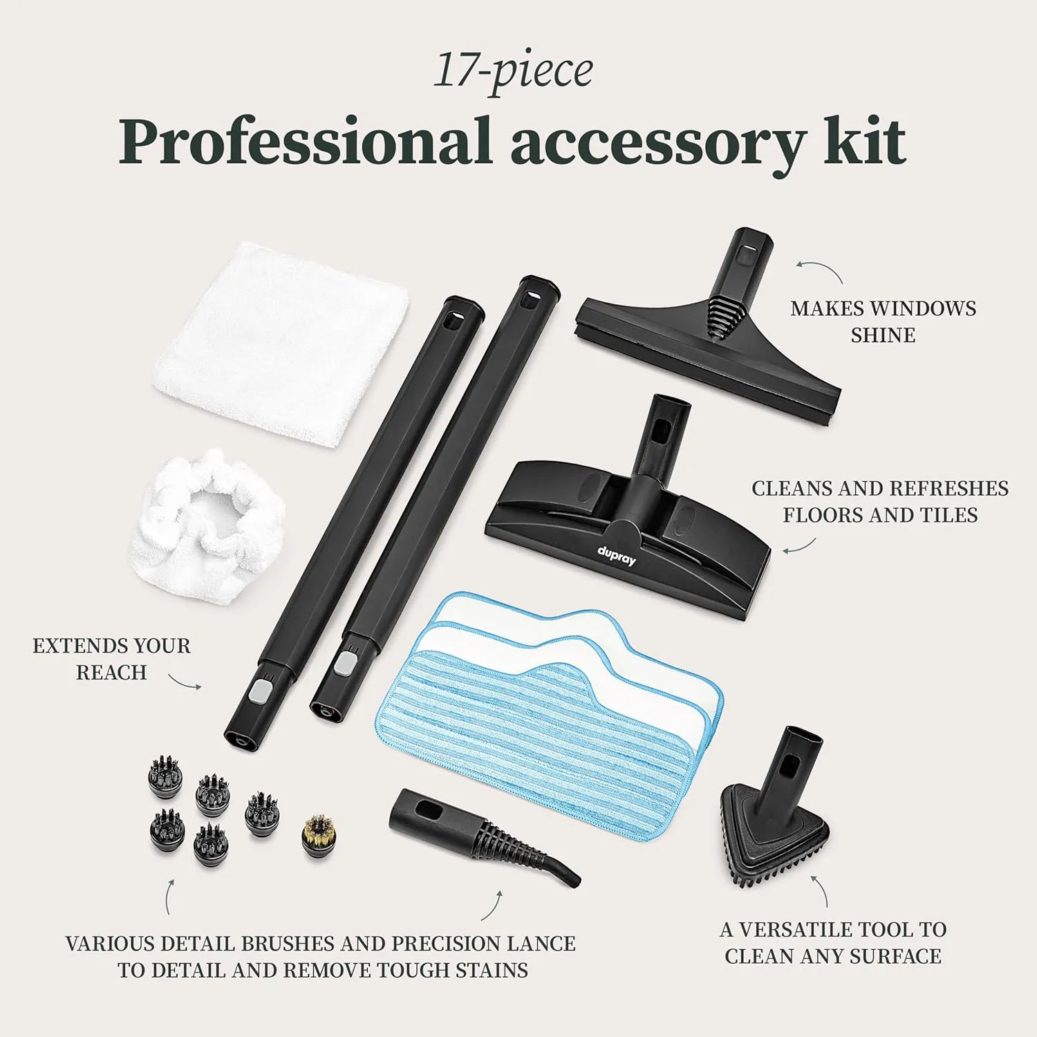 Dupray Neat Steam Cleaner with 17-Piece Kit – Powerful, chemical-free cleaning for floors, cars, tiles, grout, and more, offering versatile, deep cleaning performance