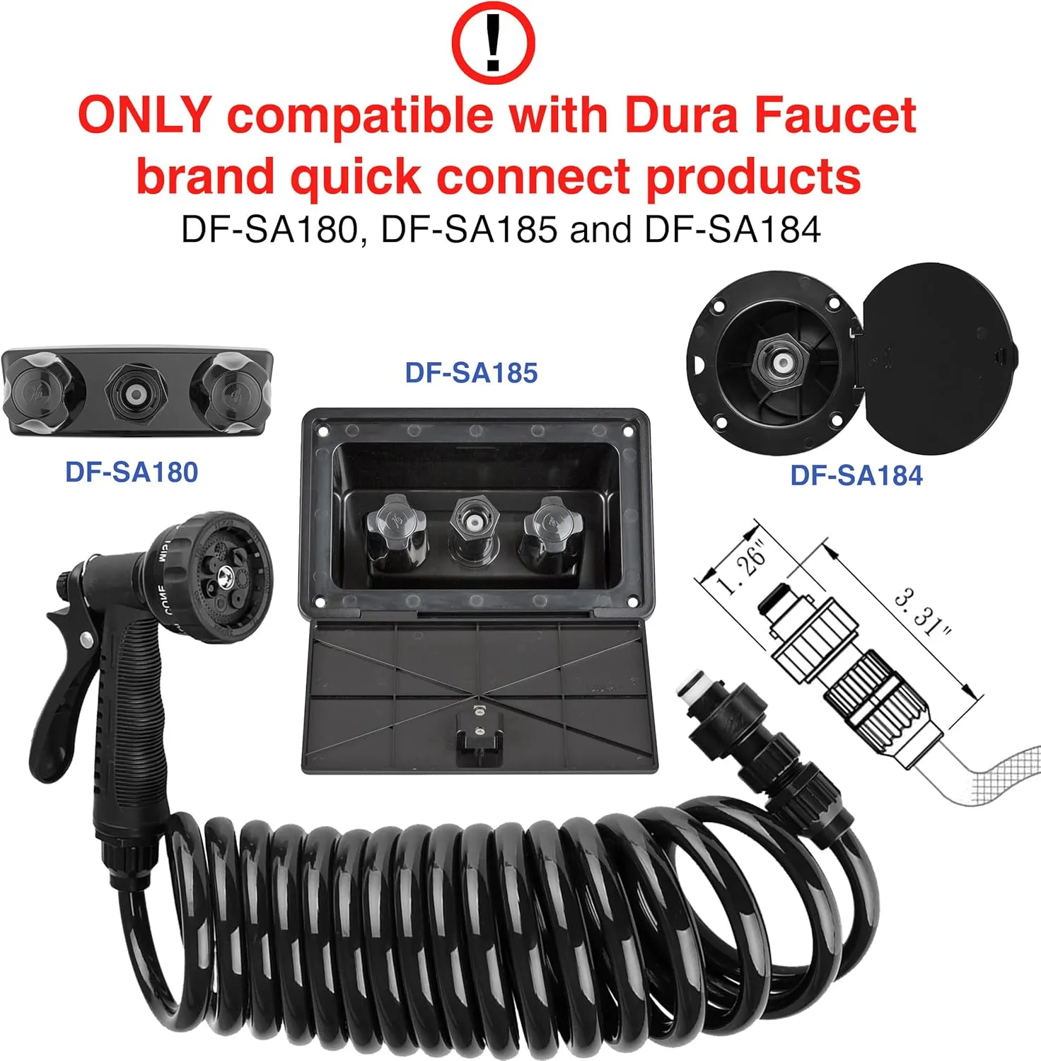 Dura Faucet DF-SA187-BK RV Exterior Quick Connect Sprayer with 7 Spray Settings and Coiled Hose Kit (Black)