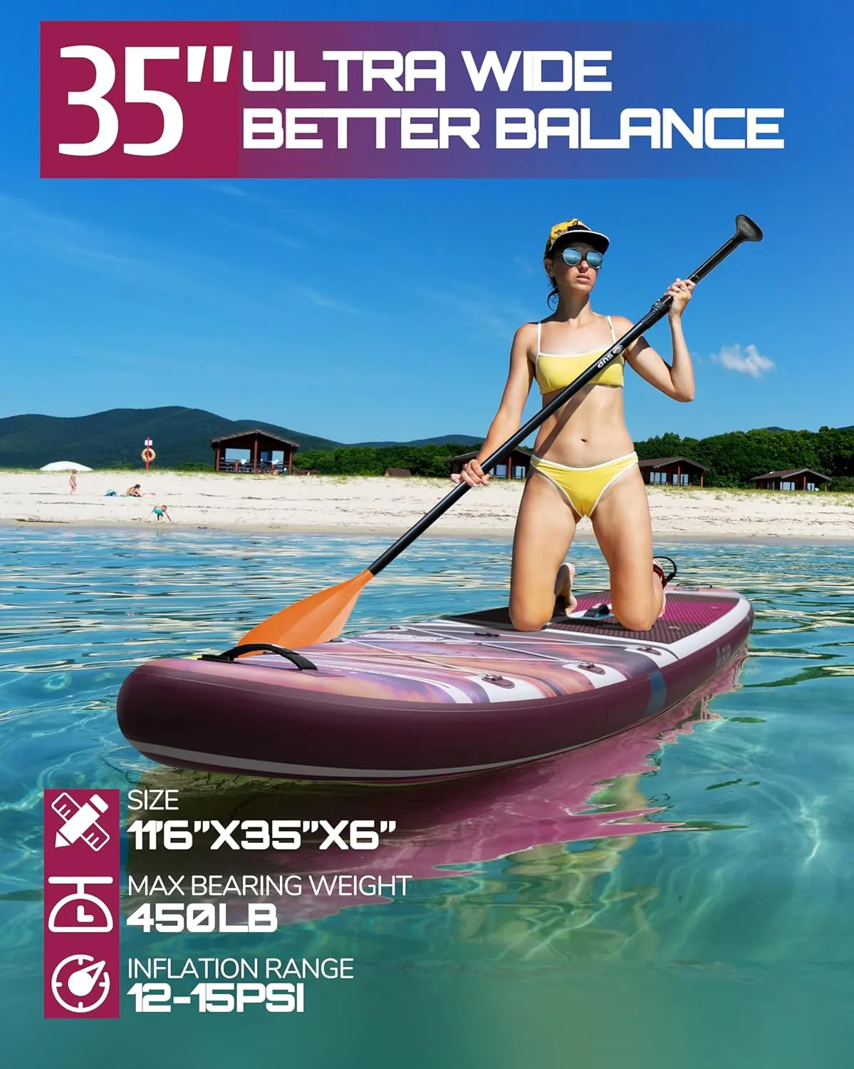 E SUP 11'6"x35" Extra Wide Inflatable Paddle Board, Wide Inflatable Sup Paddleboards for 450lb/3 People/Family/Beginner,Big Size w/Shoulder Strap,100L Backpack,Dual-Action Pump,All-Round Sup Board