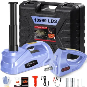 Electric Car Jack Kit with Impact Wrench, 5 Ton/10999 LBS 12V Electric Hydraulic Jack with Lifting Range: 6.1~17.7 inch, Safety Hammer & Light for SUV MPV Sedan Truck Tire Change (Purple)