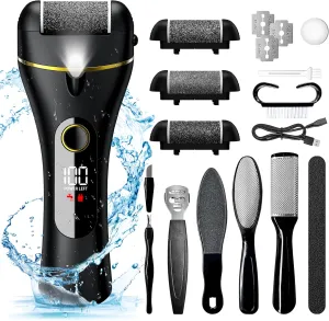 Electric Foot Callus Remover, 16 in 1 Rechargeable Pedicure Kit, Waterproof Scrubber Dead Skin Removal Tool with 3 Rollers & 2 Speeds for Feet Care, Battery Display - Black