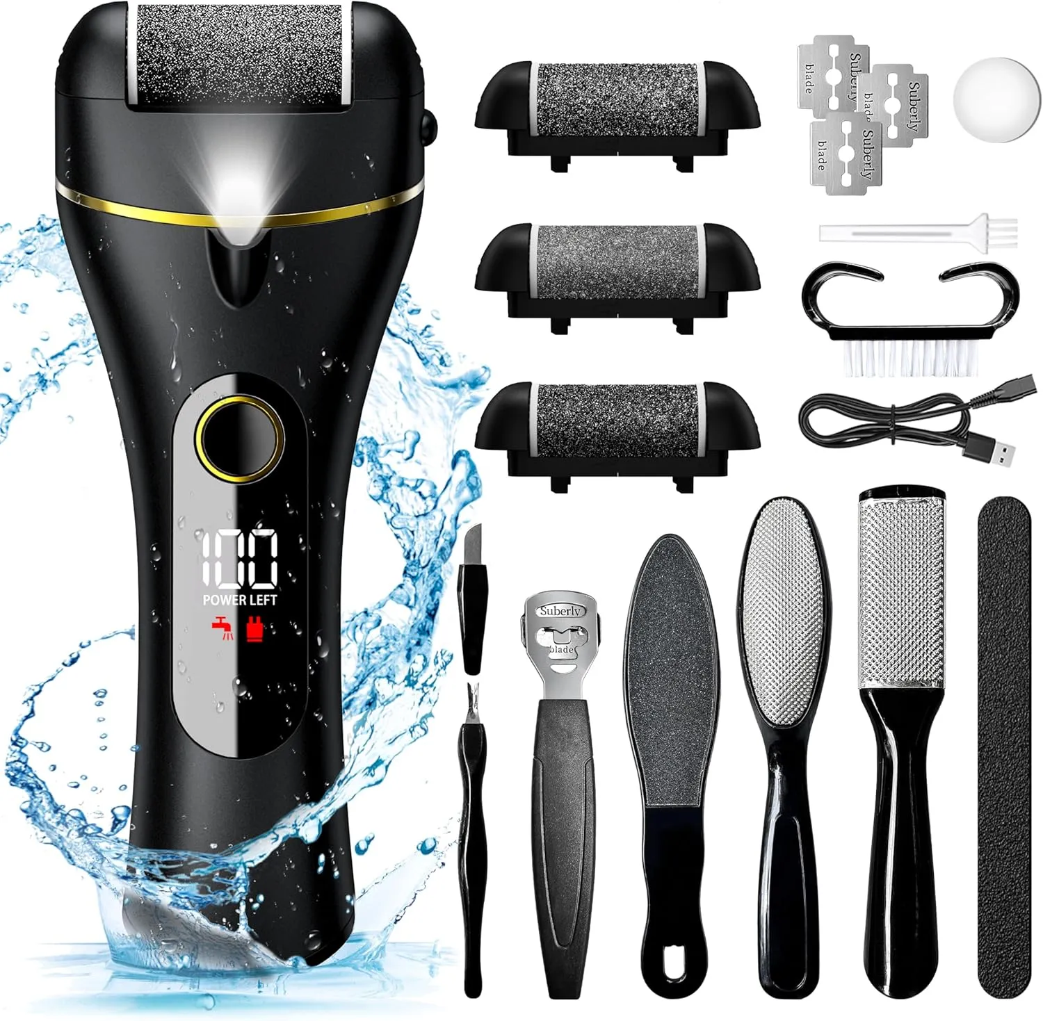 Electric Foot Callus Remover, 16 in 1 Rechargeable Pedicure Kit, Waterproof Scrubber Dead Skin Removal Tool with 3 Rollers & 2 Speeds for Feet Care, Battery Display - Black