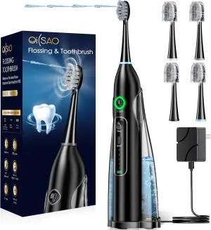 Electric Toothbrush with Water Flosser Combo - All-in-One Oral Care Solution, 3 Sonic Cleaning Modes, 5 Flossing Speeds, 4 Replacement Heads, Portable Teeth Cleaning for Plaque Removal