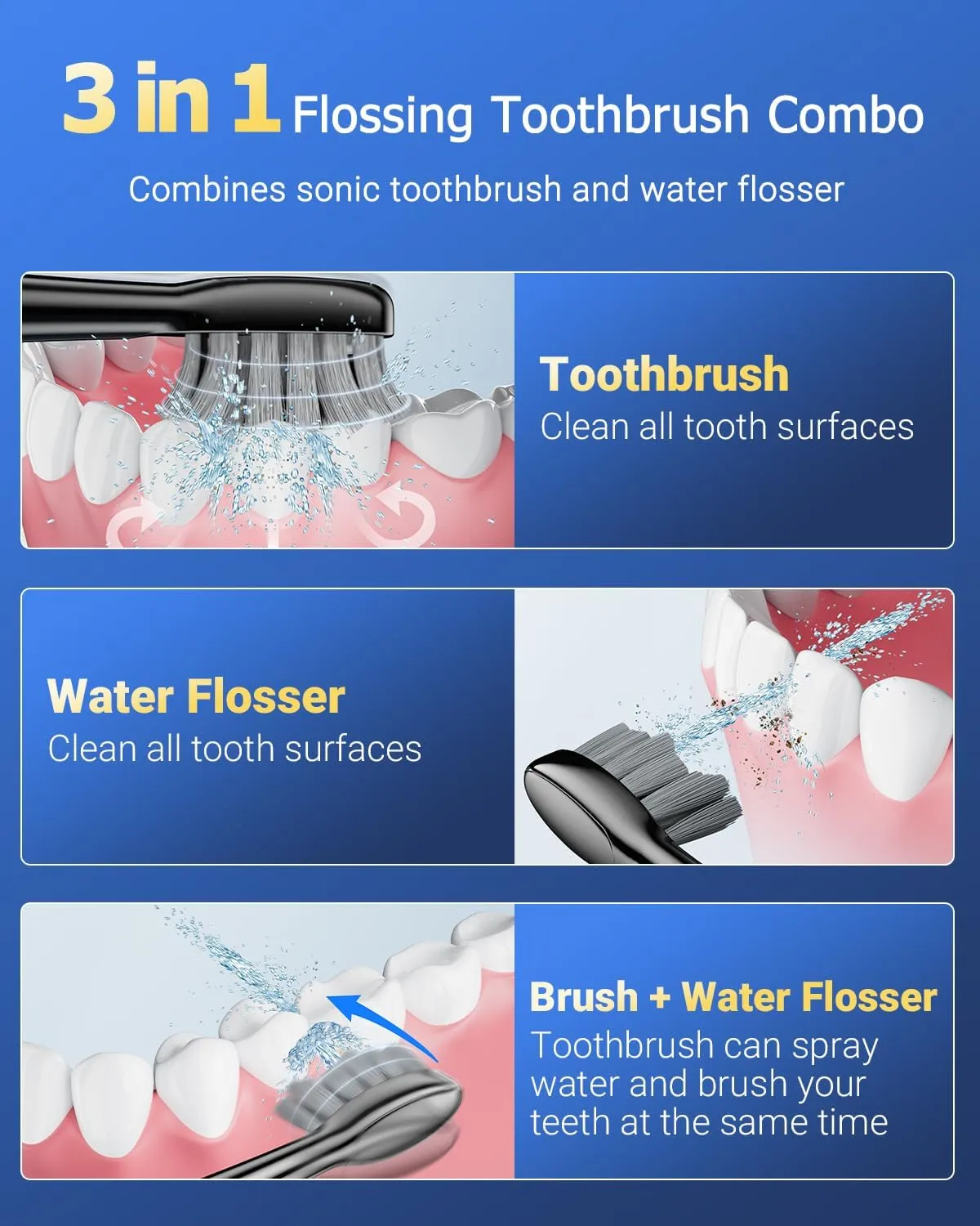Electric Toothbrush with Water Flosser Combo in One - 3 in 1 Professional Sonic Flossing Toothbrush, 5 Replacement Heads, 3 Modes & 5 Speed, Rechargeable&Portable Teeth Cleaning Kit for Adults, 500ML