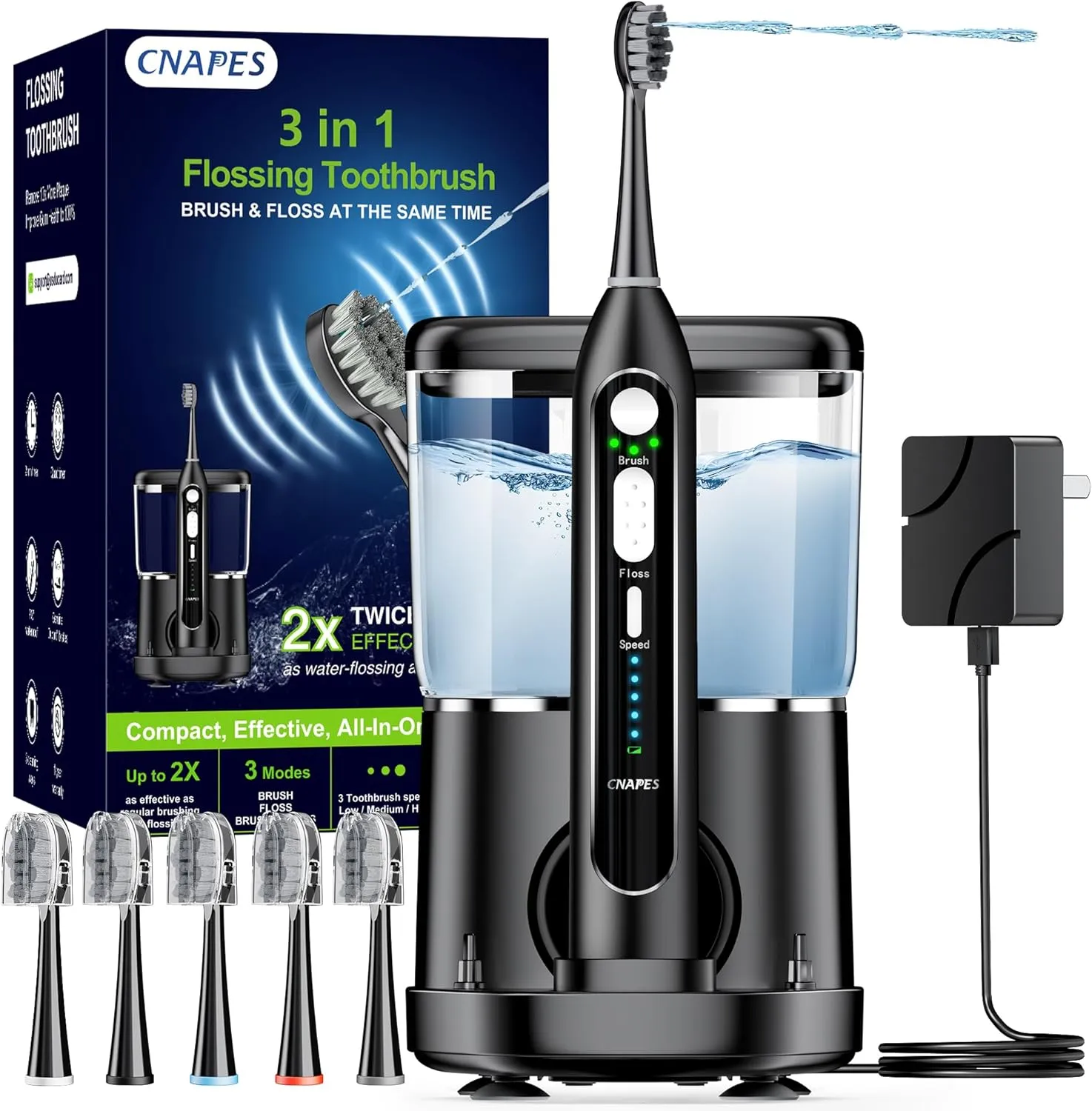 Electric Toothbrush with Water Flosser Combo in One - 3 in 1 Professional Sonic Flossing Toothbrush, 5 Replacement Heads, 3 Modes & 5 Speed, Rechargeable&Portable Teeth Cleaning Kit for Adults, 500ML