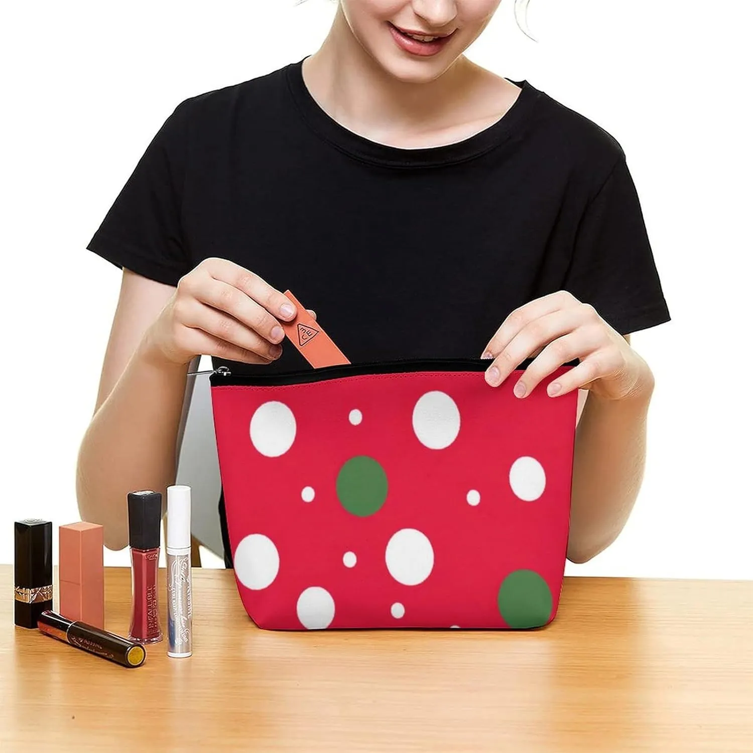 Elegant Makeup Bag, Classic Red Green and White Polka Dots Cosmetic Bag Large Capacity Pouch Portable Organizer for Men & Women