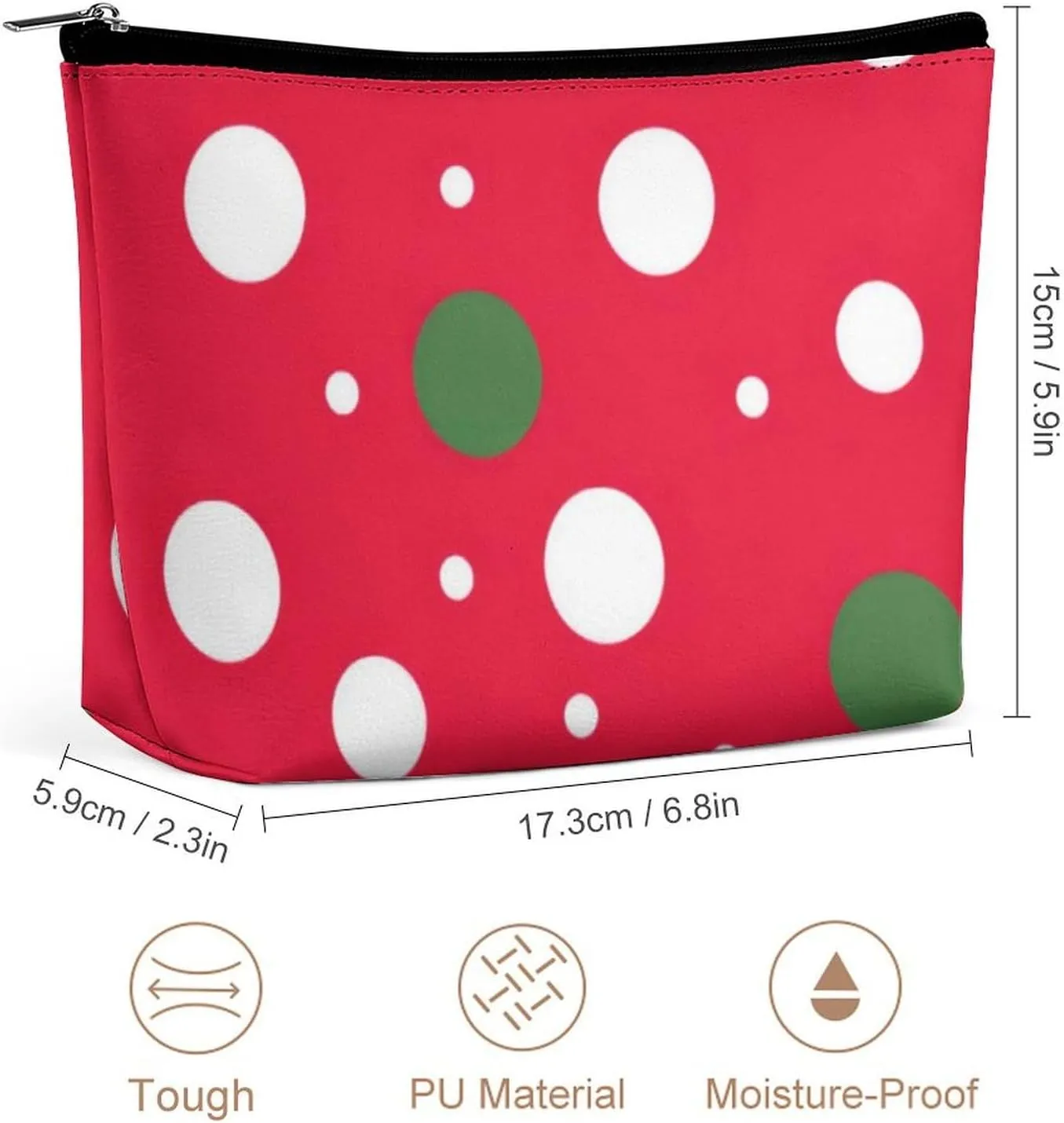 Elegant Makeup Bag, Classic Red Green and White Polka Dots Cosmetic Bag Large Capacity Pouch Portable Organizer for Men & Women