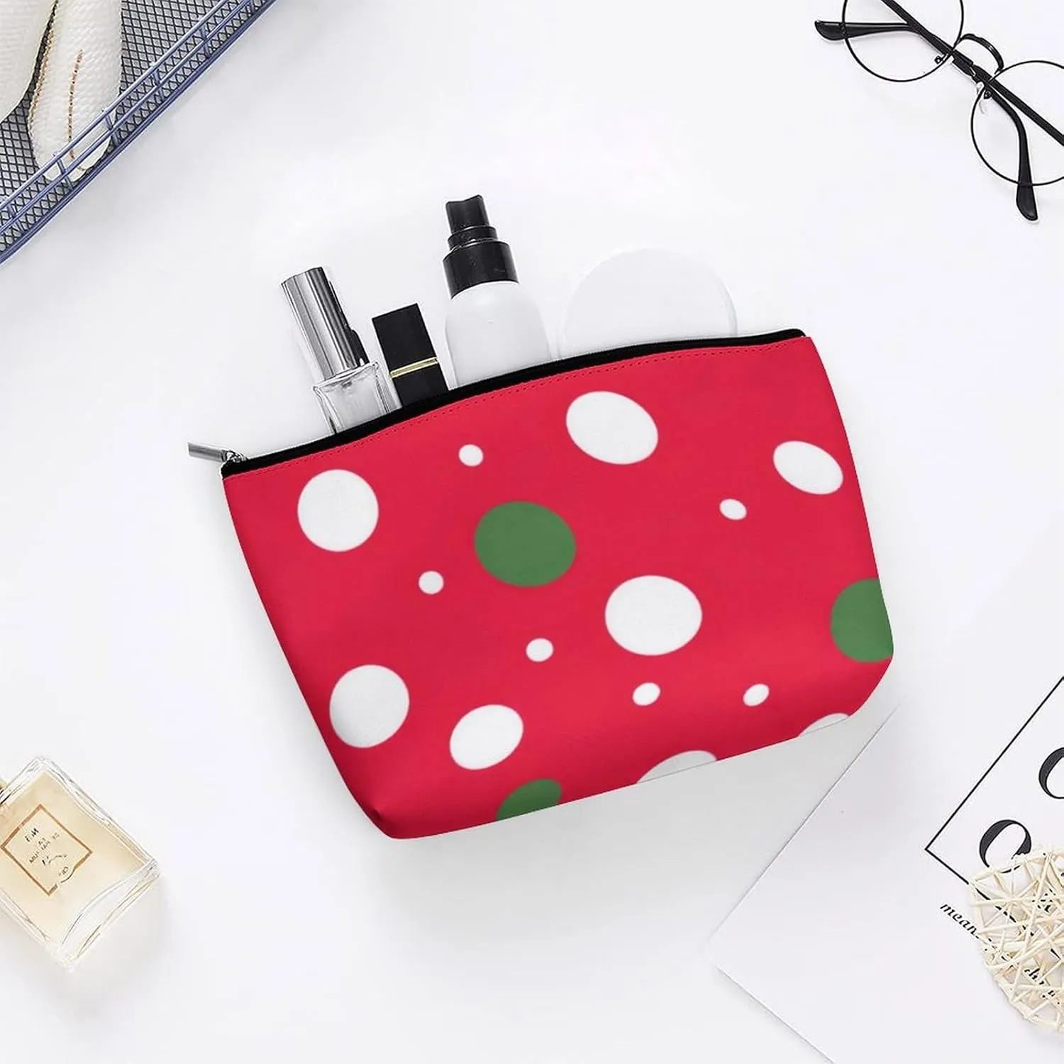 Elegant Makeup Bag, Classic Red Green and White Polka Dots Cosmetic Bag Large Capacity Pouch Portable Organizer for Men & Women