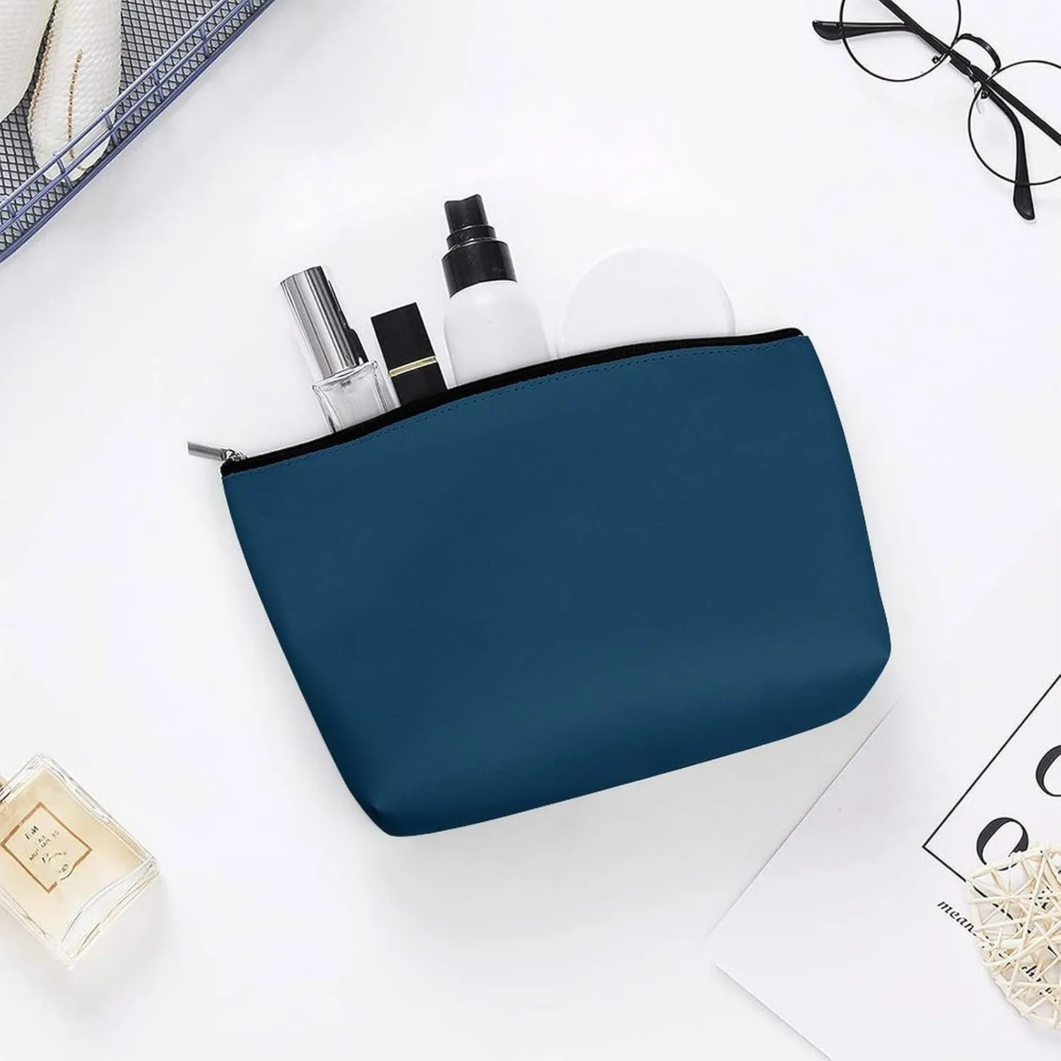 Elegant Makeup Bag, Dark Blue Solid Color Elegant Cosmetic Bag Large Capacity Pouch Portable Organizer for Men & Women