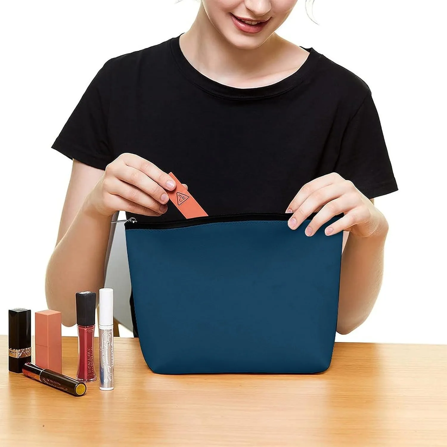 Elegant Makeup Bag, Dark Blue Solid Color Elegant Cosmetic Bag Large Capacity Pouch Portable Organizer for Men & Women