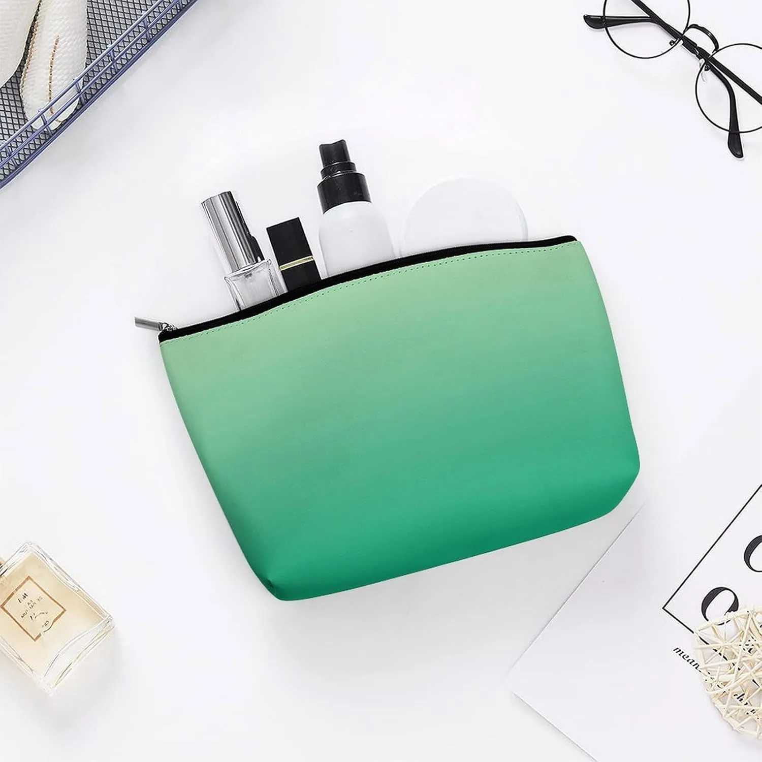 Elegant Makeup Bag, Dark Green Gradient Cosmetic Bag Large Capacity Pouch Portable Organizer for Men & Women