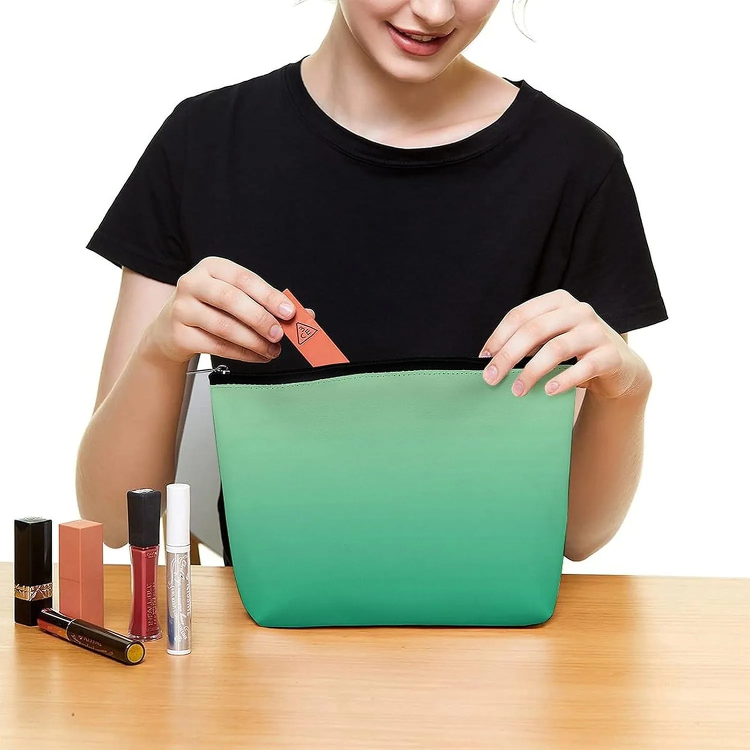 Elegant Makeup Bag, Dark Green Gradient Cosmetic Bag Large Capacity Pouch Portable Organizer for Men & Women