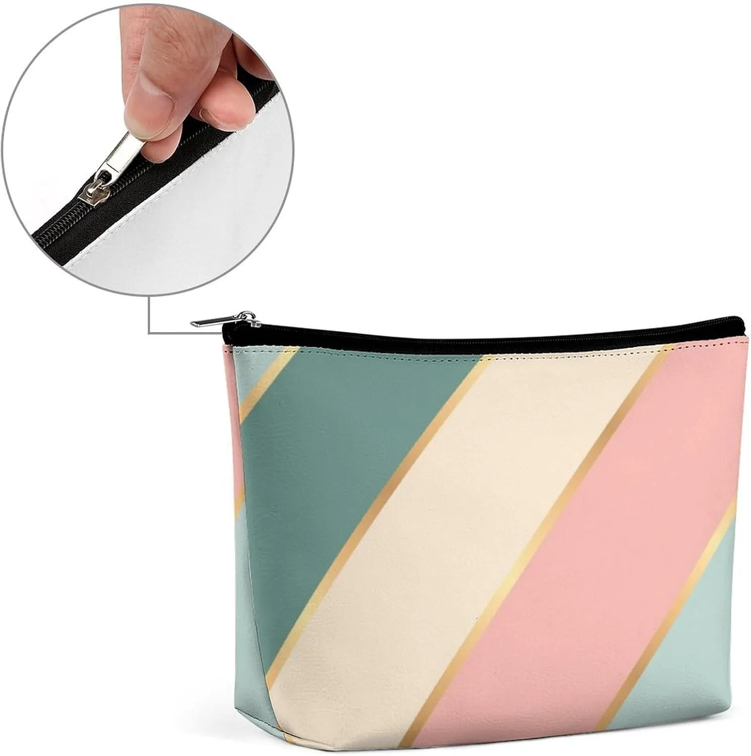 Elegant Makeup Bag, Mint Green Soft Blush Pink Gold Stripes Cosmetic Bag Large Capacity Pouch Portable Organizer for Men & Women