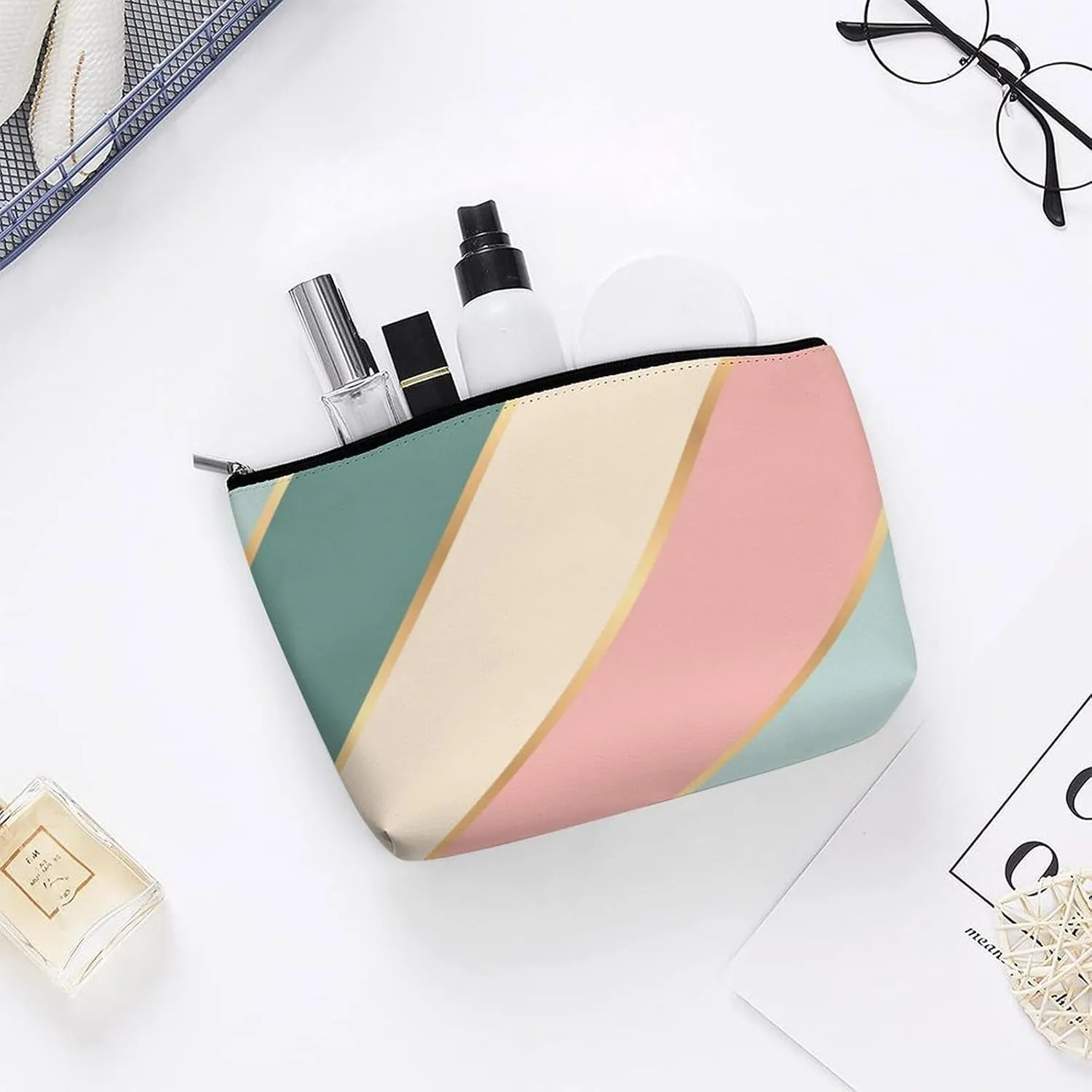 Elegant Makeup Bag, Mint Green Soft Blush Pink Gold Stripes Cosmetic Bag Large Capacity Pouch Portable Organizer for Men & Women