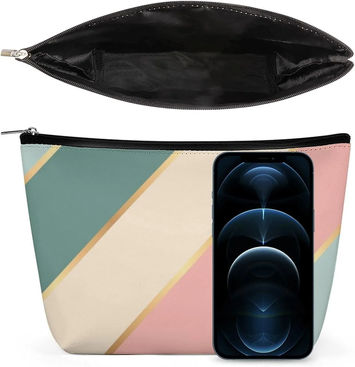 Elegant Makeup Bag, Mint Green Soft Blush Pink Gold Stripes Cosmetic Bag Large Capacity Pouch Portable Organizer for Men & Women