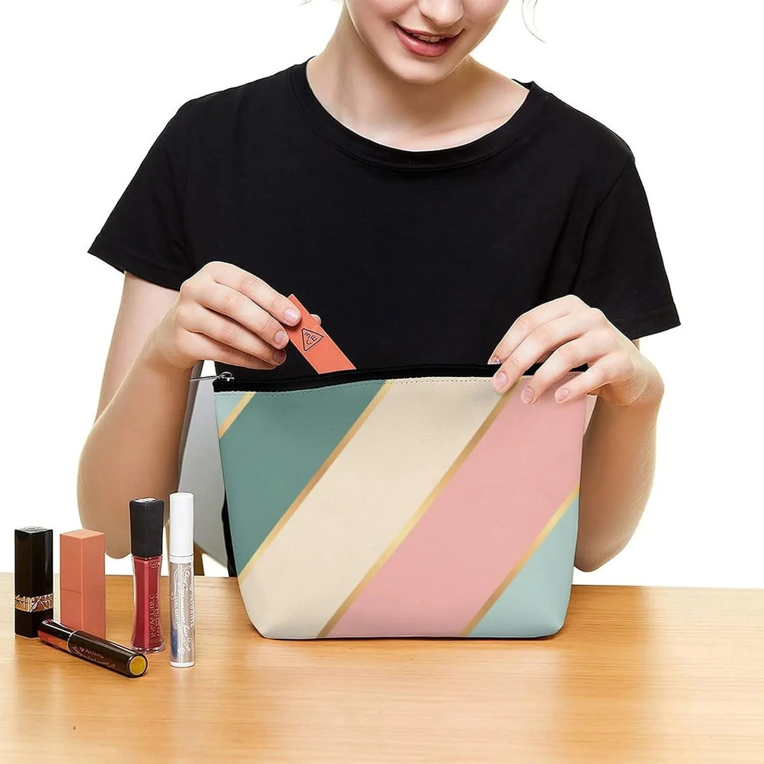 Elegant Makeup Bag, Mint Green Soft Blush Pink Gold Stripes Cosmetic Bag Large Capacity Pouch Portable Organizer for Men & Women