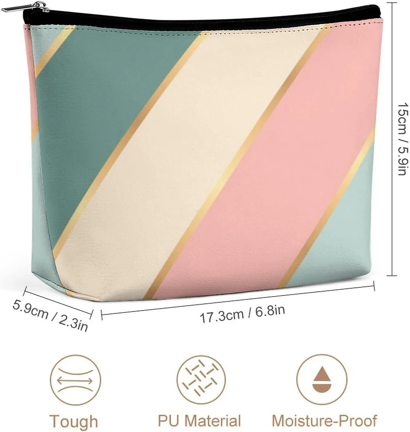 Elegant Makeup Bag, Mint Green Soft Blush Pink Gold Stripes Cosmetic Bag Large Capacity Pouch Portable Organizer for Men & Women