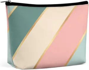 Elegant Makeup Bag, Mint Green Soft Blush Pink Gold Stripes Cosmetic Bag Large Capacity Pouch Portable Organizer for Men & Women