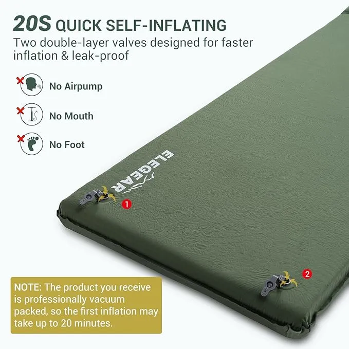 Elegear Self Inflating Sleeping Pad, 3.1" Ultra-Thick Memory Foam Camping Pad with Pillow Fast Inflating in 20s Insulated Camping Mattress Pad 4-Season Camp Sleeping Mat for Camping/Travel/Car/Tent
