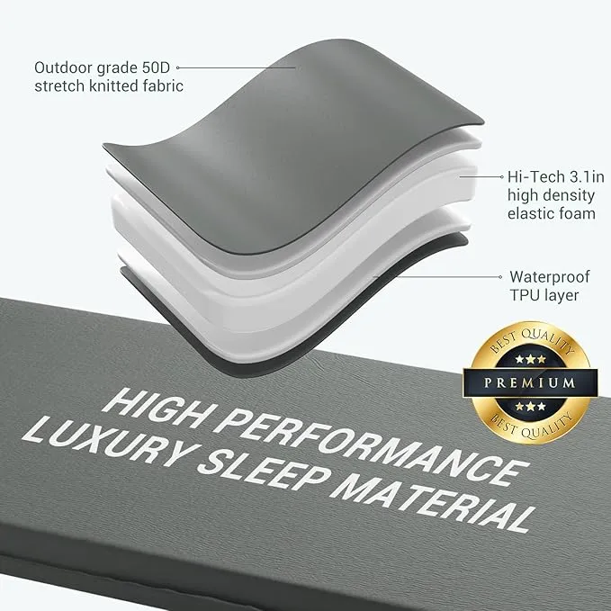 Elegear Self Inflating Sleeping Pad, 3.1" Ultra-Thick Memory Foam Camping Pad with Pillow Fast Inflating in 20s Insulated Camping Mattress Pad 4-Season Camp Sleeping Mat for Camping/Travel/Car/Tent