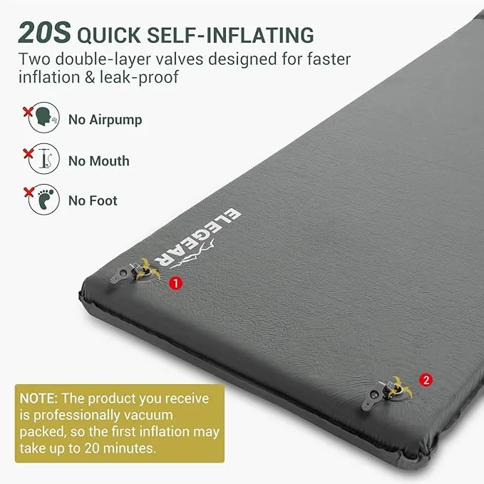 Elegear Self Inflating Sleeping Pad, 3.1" Ultra-Thick Memory Foam Camping Pad with Pillow Fast Inflating in 20s Insulated Camping Mattress Pad 4-Season Camp Sleeping Mat for Camping/Travel/Car/Tent