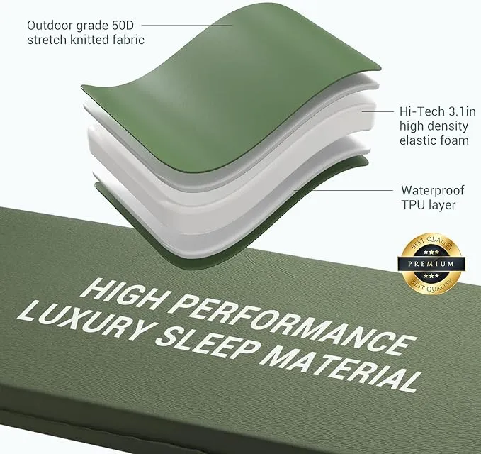 Elegear Self Inflating Sleeping Pad, 3.1" Ultra-Thick Memory Foam Camping Pad with Pillow Fast Inflating in 20s Insulated Camping Mattress Pad 4-Season Camp Sleeping Mat for Camping/Travel/Car/Tent
