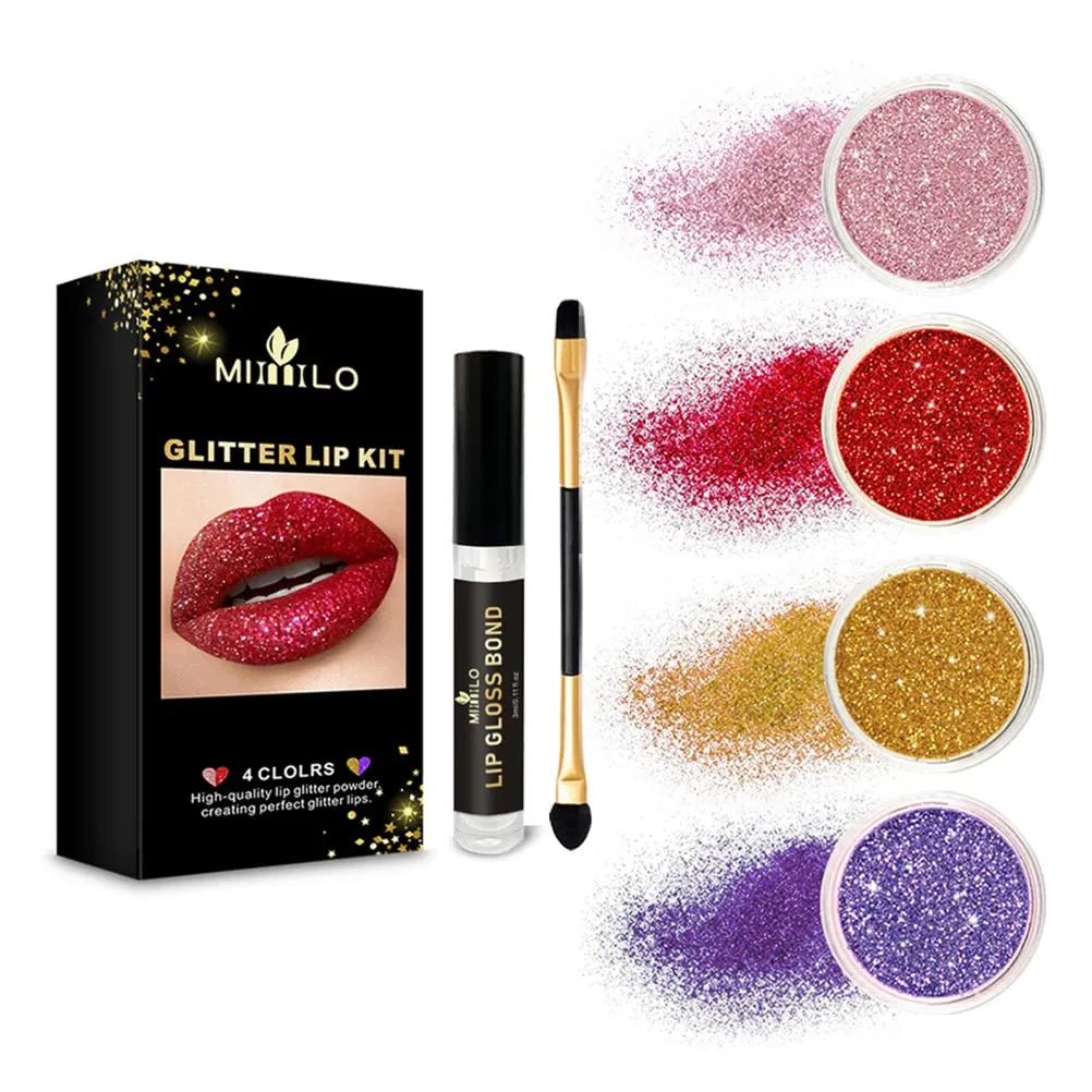 Enfudid 4 Colors Glitter Lip Kit Gloss Lipstick Metallic Glitter Lipstick, Waterproof Long Lasting & Smudge Proof Glitter Color Lip Makeup, with Transparent Lip Primer
