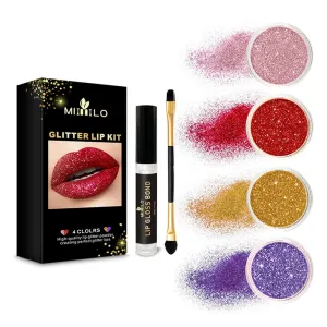 Enfudid 4 Colors Glitter Lip Kit Gloss Lipstick Metallic Glitter Lipstick, Waterproof Long Lasting & Smudge Proof Glitter Color Lip Makeup, with Transparent Lip Primer
