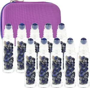 Essential Oil Roller Bottle EVA Carrying Travel Case and 10pcs Essential Oil Gemstone Roller Ball Bottles Frosted Glass Inside 10ml Healing Crystal Chips Feng Shui Roller (Lapis Lazuil)