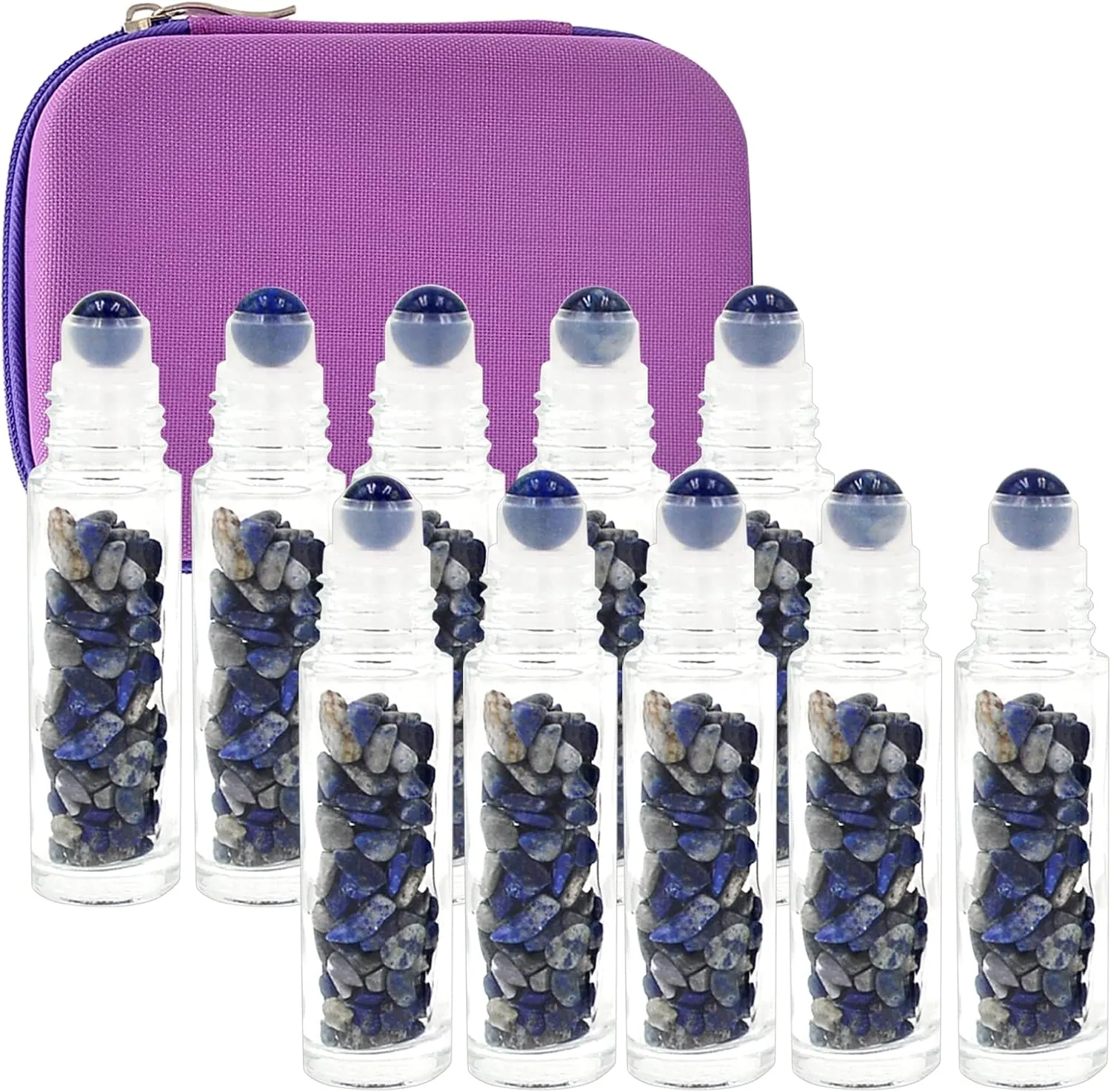 Essential Oil Roller Bottle EVA Carrying Travel Case and 10pcs Essential Oil Gemstone Roller Ball Bottles Frosted Glass Inside 10ml Healing Crystal Chips Feng Shui Roller (Lapis Lazuil)