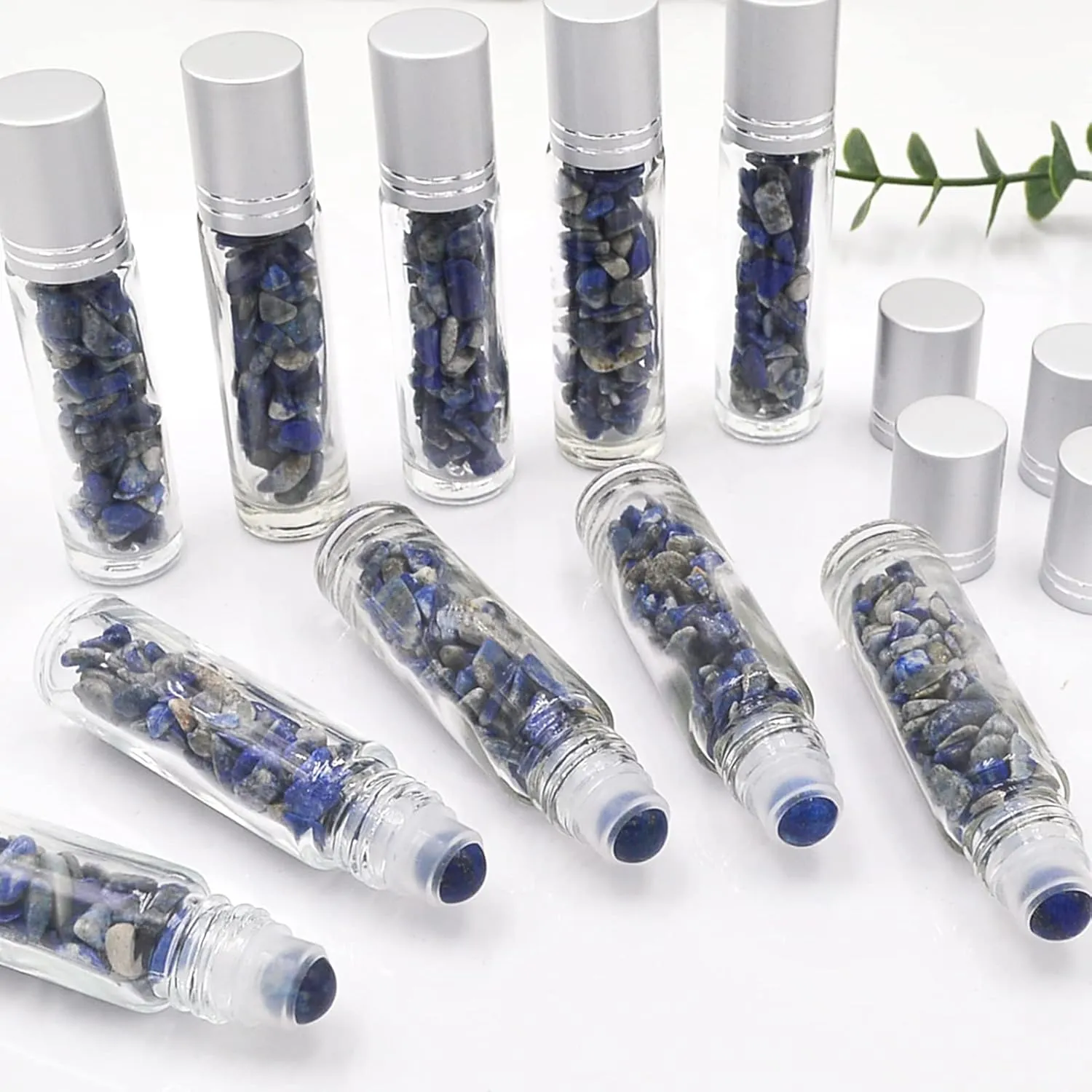 Essential Oil Roller Bottle EVA Carrying Travel Case and 10pcs Essential Oil Gemstone Roller Ball Bottles Frosted Glass Inside 10ml Healing Crystal Chips Feng Shui Roller (Lapis Lazuil)