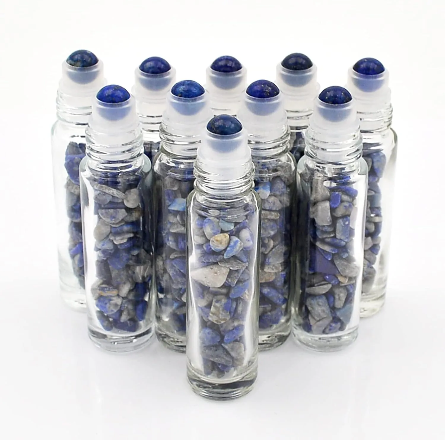Essential Oil Roller Bottle EVA Carrying Travel Case and 10pcs Essential Oil Gemstone Roller Ball Bottles Frosted Glass Inside 10ml Healing Crystal Chips Feng Shui Roller (Lapis Lazuil)