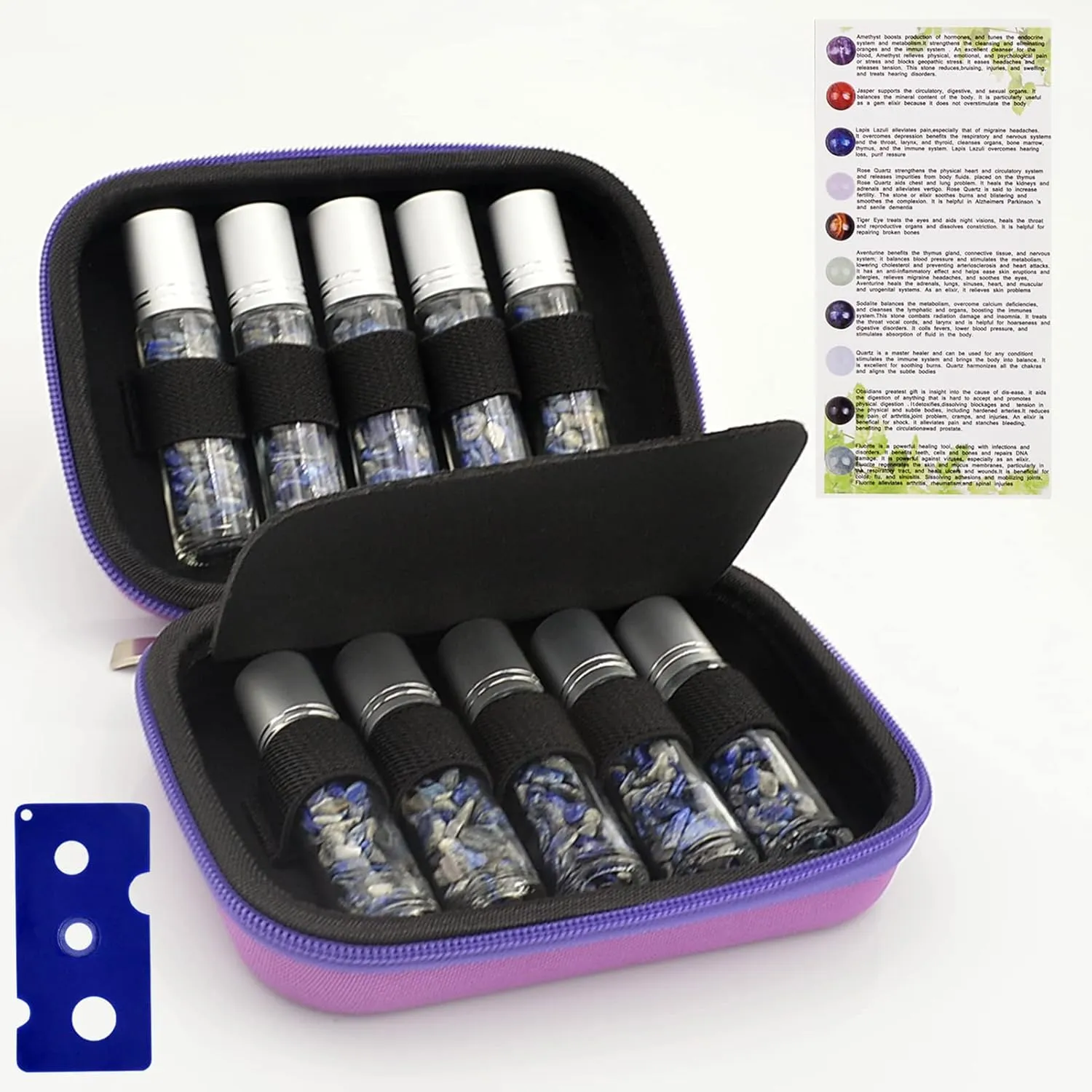 Essential Oil Roller Bottle EVA Carrying Travel Case and 10pcs Essential Oil Gemstone Roller Ball Bottles Frosted Glass Inside 10ml Healing Crystal Chips Feng Shui Roller (Lapis Lazuil)