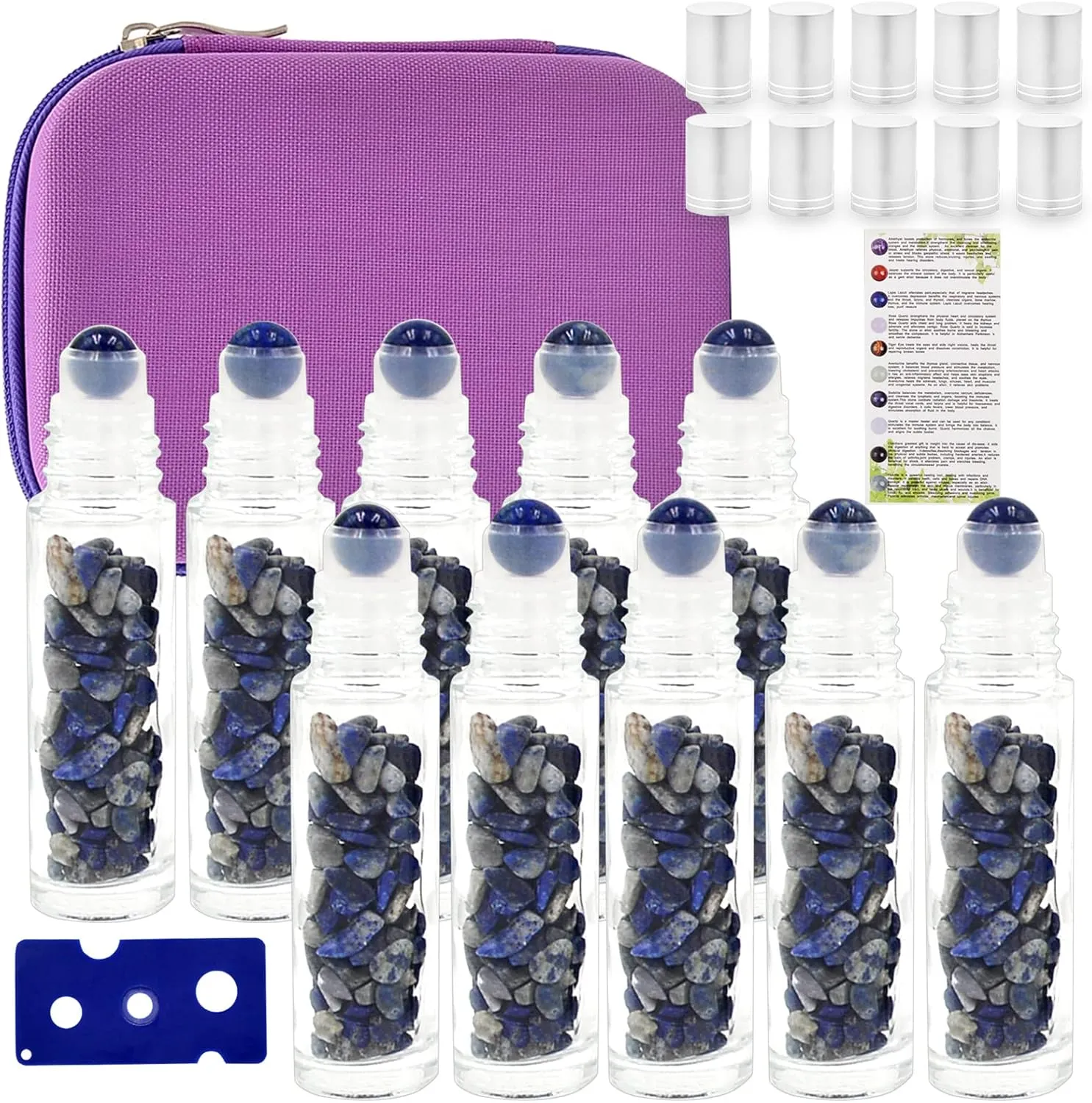 Essential Oil Roller Bottle EVA Carrying Travel Case and 10pcs Essential Oil Gemstone Roller Ball Bottles Frosted Glass Inside 10ml Healing Crystal Chips Feng Shui Roller (Lapis Lazuil)