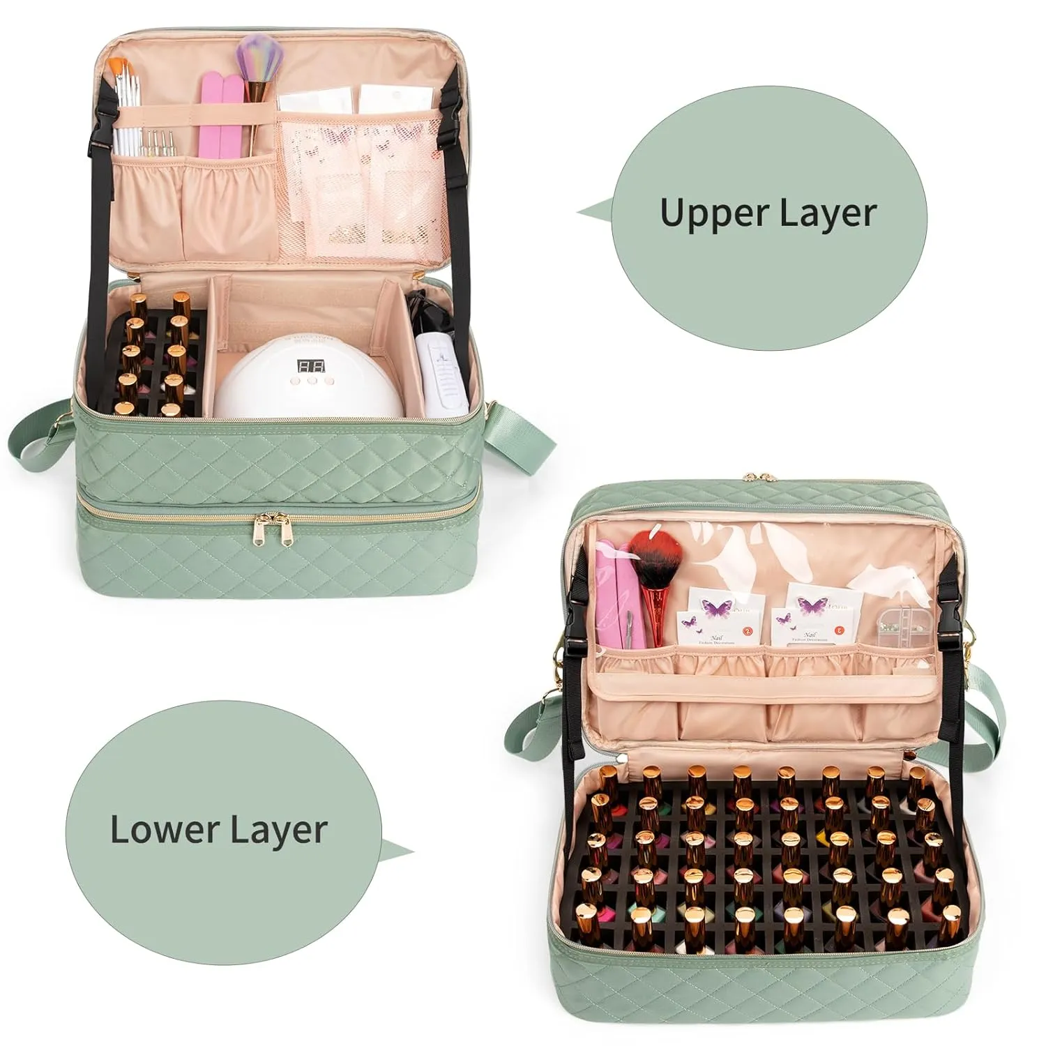 Ethereal Nail Polish Organizer Case Holds 50  Bottles(15ml/0.5fl.oz) and Nail Lamp, Double Layer Nail Polish Storage Bag for Nail Kit, Manicure Tools, Green