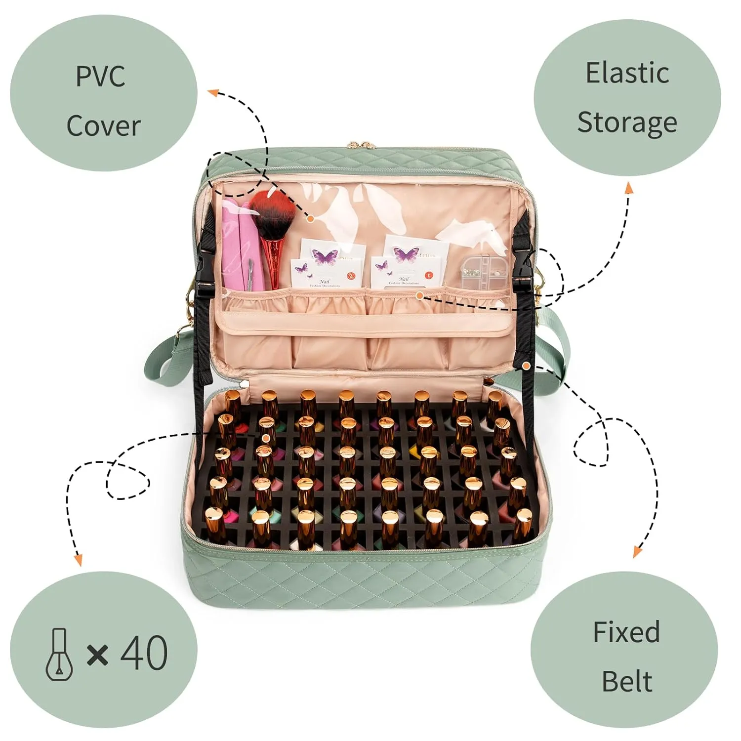 Ethereal Nail Polish Organizer Case Holds 50  Bottles(15ml/0.5fl.oz) and Nail Lamp, Double Layer Nail Polish Storage Bag for Nail Kit, Manicure Tools, Green
