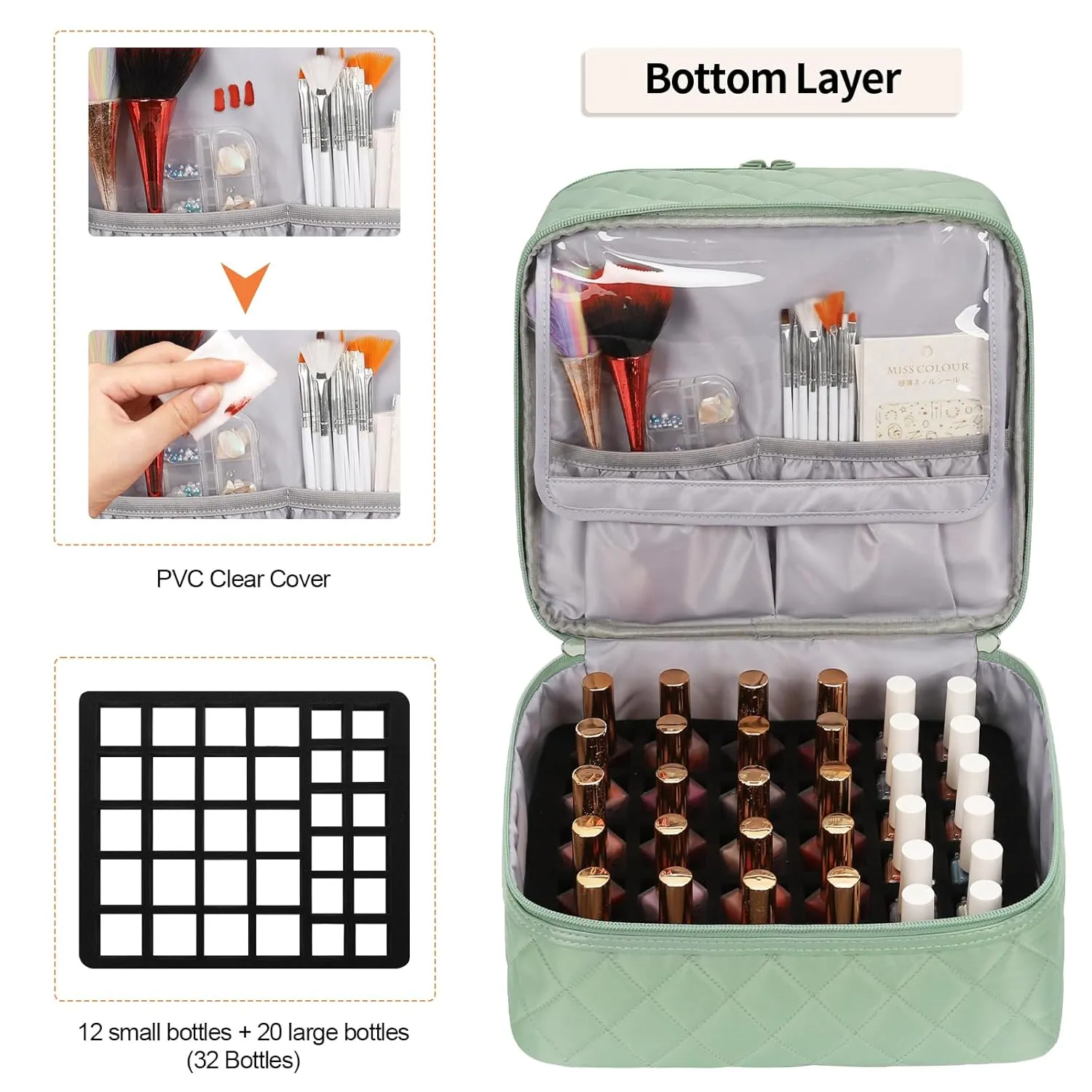 Ethereal Small Nail Polish Organizer Case Holds 32  Bottles(15ml/0.5fl.oz) and Nail Lamp, Double Layer Nail Polish Storage Bag for Nail Kit, Manicure Tools, Green