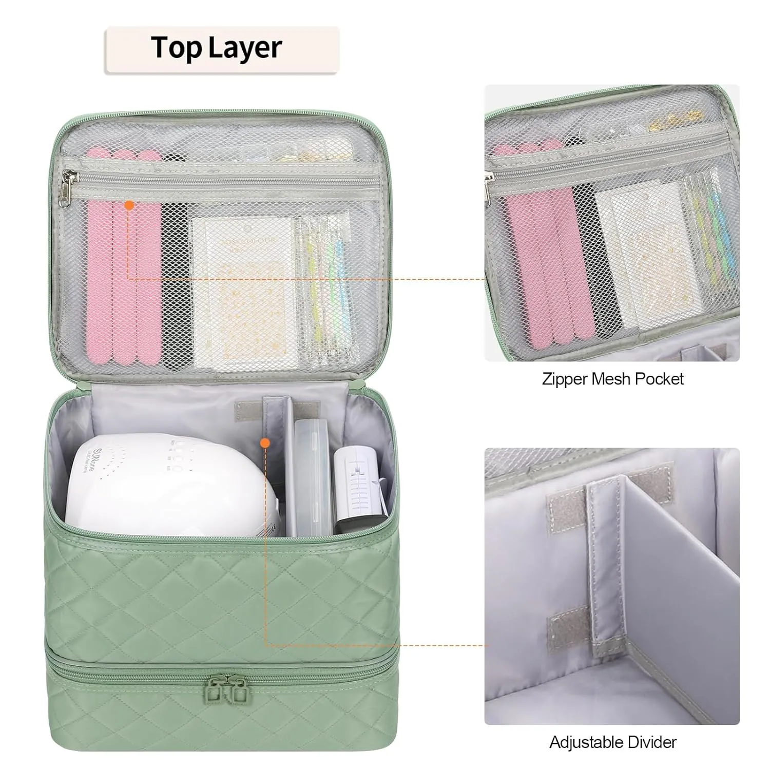 Ethereal Small Nail Polish Organizer Case Holds 32  Bottles(15ml/0.5fl.oz) and Nail Lamp, Double Layer Nail Polish Storage Bag for Nail Kit, Manicure Tools, Green