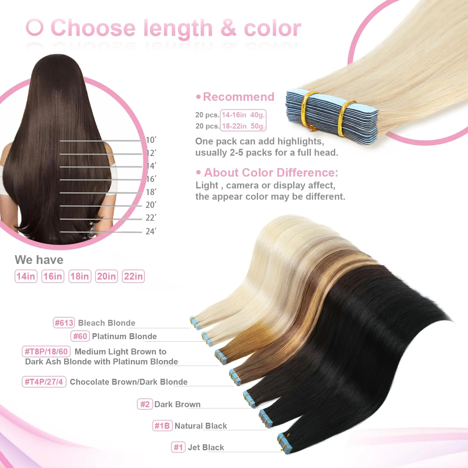 Evala Tape in Hair Extensions - Blonde Remy Hair, 613 Bleach Blonde, 20pcs 40g Real Human Hair, Seamless Straight Natural, 14 Inch