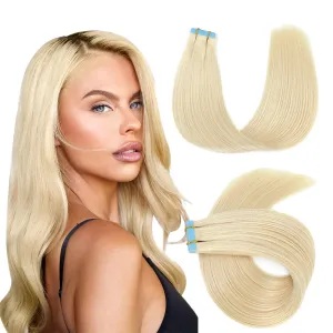 Evala Tape in Hair Extensions - Blonde Remy Hair, 613 Bleach Blonde, 20pcs 40g Real Human Hair, Seamless Straight Natural, 14 Inch