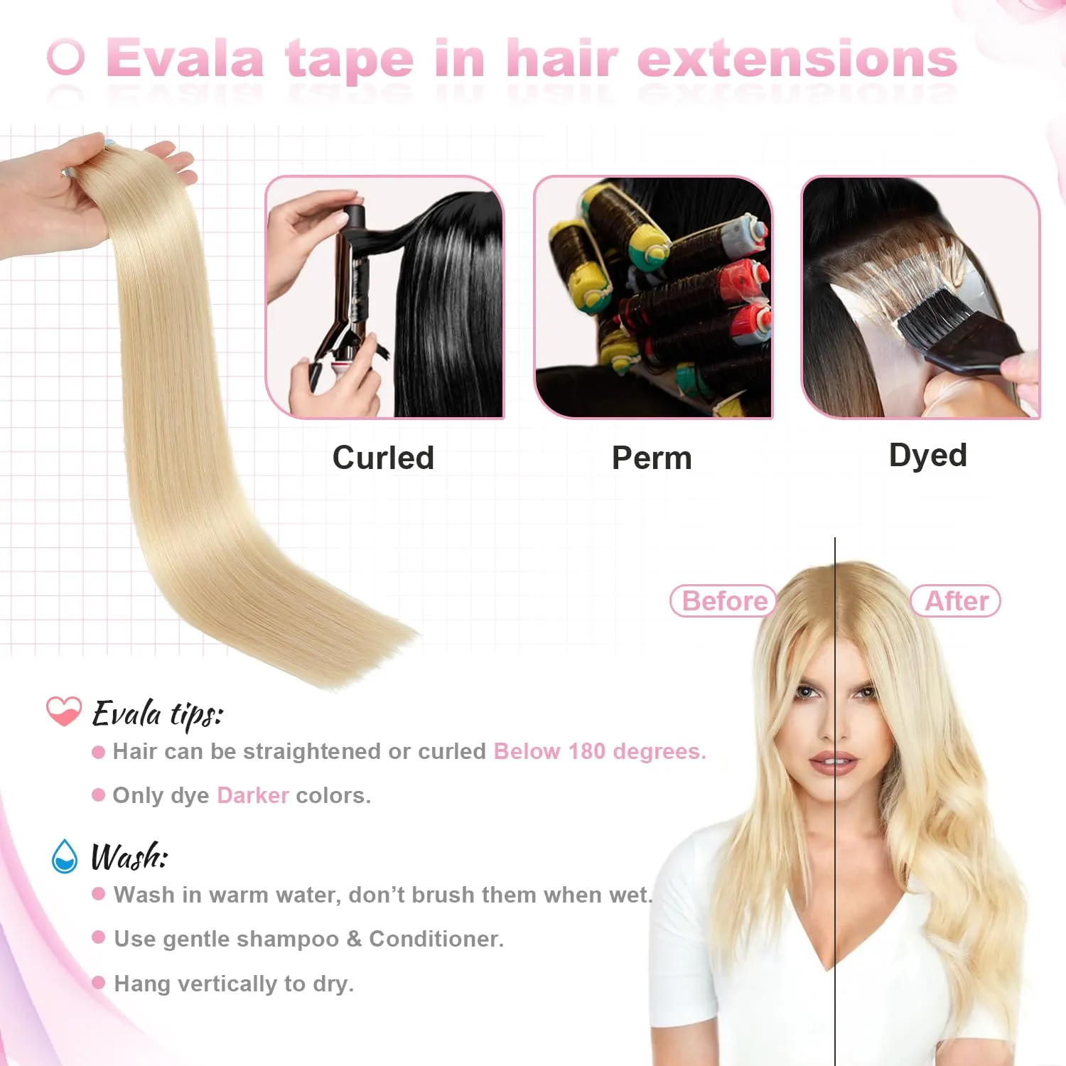 Evala Tape in Hair Extensions - Blonde Remy Hair, 613 Bleach Blonde, 20pcs 40g Real Human Hair, Seamless Straight Natural, 14 Inch