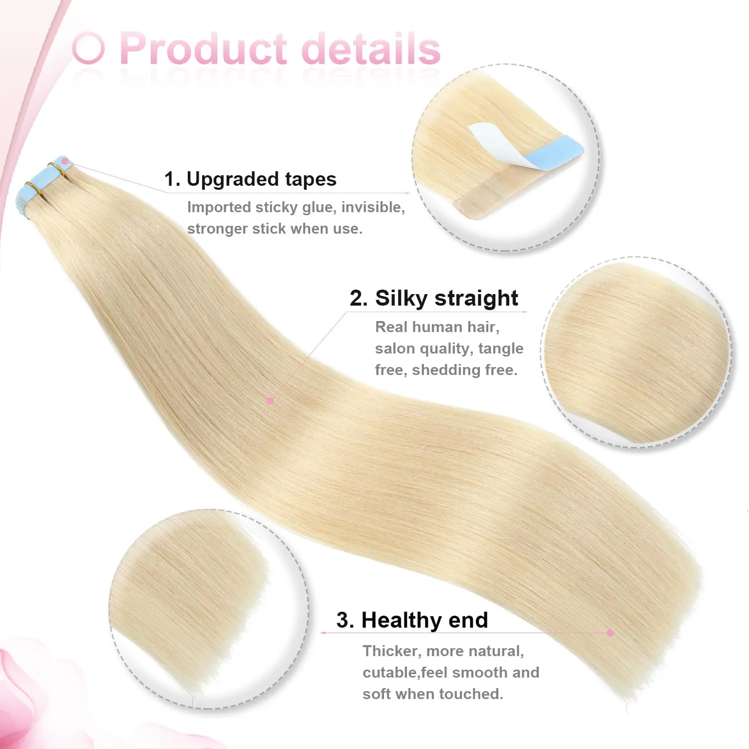 Evala Tape in Hair Extensions - Blonde Remy Hair, 613 Bleach Blonde, 20pcs 40g Real Human Hair, Seamless Straight Natural, 14 Inch